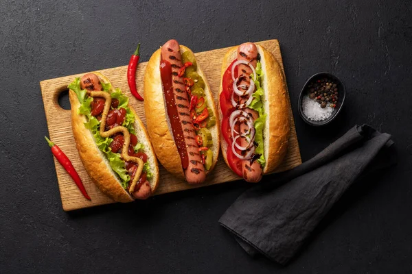 Various Hot Dog Homemade Hotdogs Cutting Board Flat Lay — Stock Photo, Image