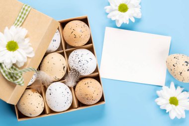 Gift box, Easter eggs and flowers on a blue background with space for your greetings. Flat lay