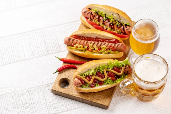Various Hot Dog Beer Homemade Hotdogs Cutting Board Copy Space — Photo