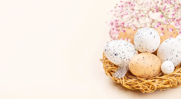 Easter Eggs Flowers Beige Background Space Your Greetings — Stockfoto