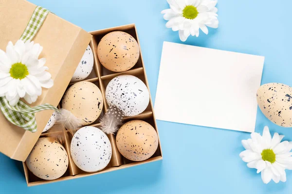 Gift Box Easter Eggs Flowers Blue Background Space Your Greetings — Stockfoto