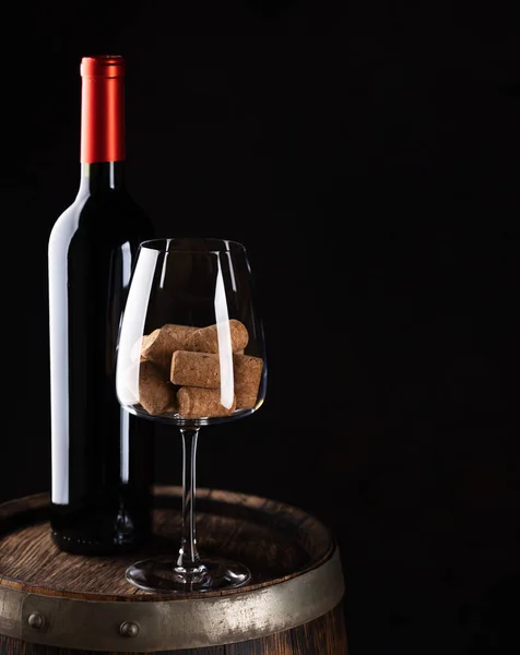 Red Wine Bottle Barrel Wine Glass Corks Blank Space Your — Stock Photo, Image