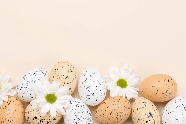 Easter Eggs Flowers Beige Background Space Your Greetings Flat Lay — Stockfoto