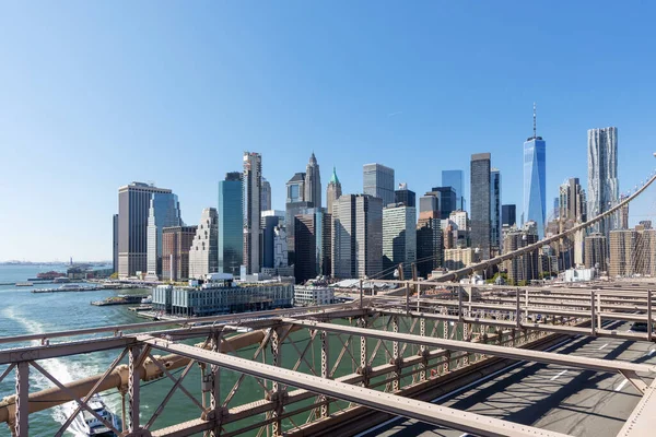 New Yorks Skyline Manhattan Skyskrapor Panorama Från Brooklyn Bron — Stockfoto