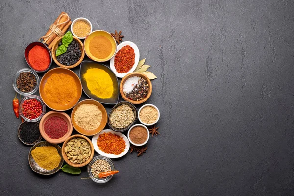 Various Spices Bowls Stone Table Copy Space Your Menu Recipe — Fotografia de Stock