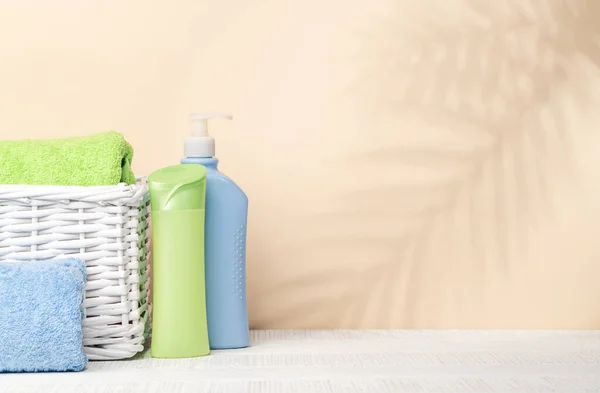 Body Care Items Bathroom Towels Table Space Your Product Text — Stock Photo, Image