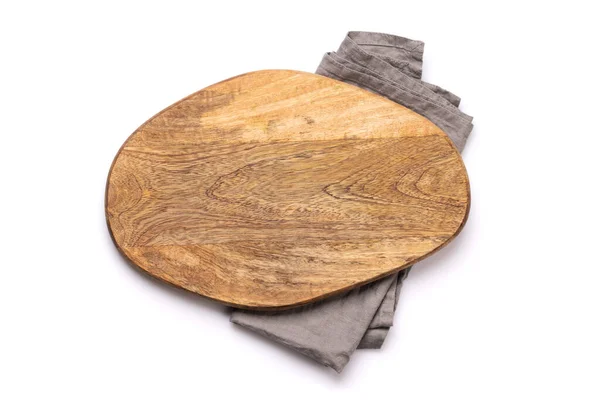 Dřevěná Řezací Deska Kuchyňský Ručník Izolované Bílém Pozadí Byt Ležel — Stock fotografie