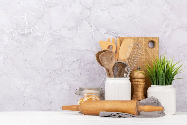 Kitchen Utensils Wooden Table Front View Copy Space — Stock Photo, Image