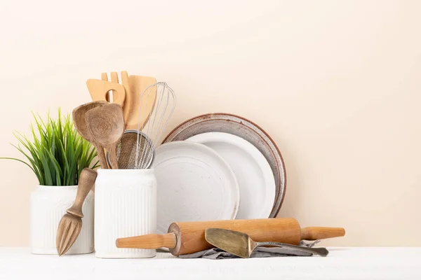 Kitchen Utensils Wooden Table Front View Copy Space — Stok fotoğraf