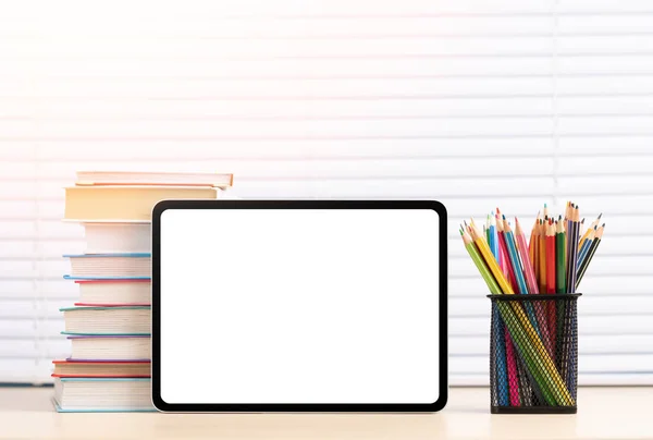 Tablet Colorful Pencils Stack Books Blank Screen Your Text App — Stock Photo, Image