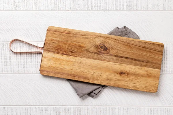 Wooden Cutting Board Kitchen Towel Flat Lay Copy Space — Foto Stock