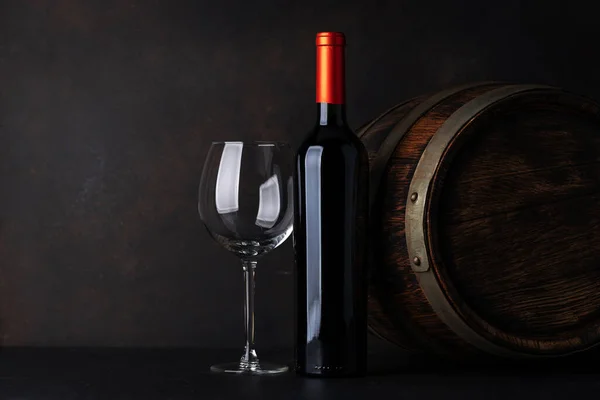 Red Wine Bottle Wineglass Old Wine Barrel Blank Space Your — Stock Photo, Image