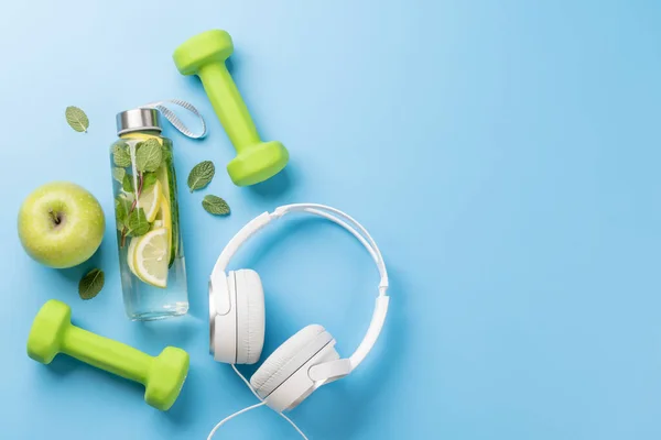 Healthy Lifestyle Sport Diet Concept Dumbbells Headphones Healthy Food Space — Stock Photo, Image