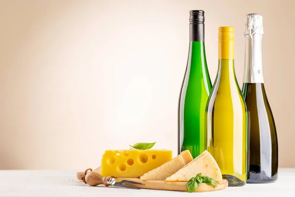Various Cheese Board White Wine Beige Background Copy Space — Stockfoto