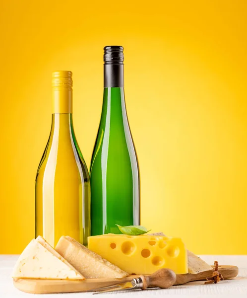 Various Cheese Board White Wine Yellow Background Copy Space — Foto Stock