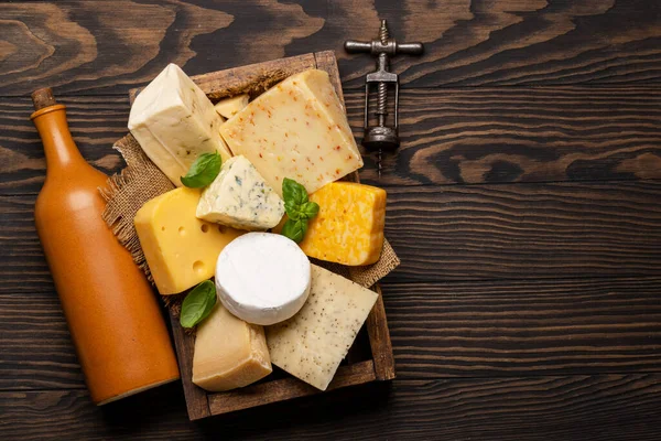 Various Cheese Box Wine Bottle Flat Lay Copy Space — Stock Photo, Image