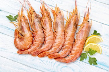 Langoustines gibi taze deniz ürünleri. Düz, mavi ahşap masanın üzerinde.