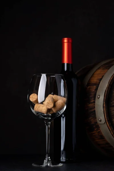 Red Wine Bottle Barrel Wine Glass Corks Blank Space Your — Stock Photo, Image