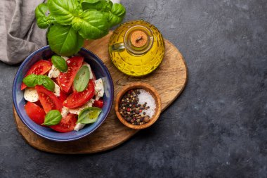 Olgun domatesli Caprese salatası, mozzarella peyniri ve bahçe fesleğeni. Kopyalama alanı olan düz