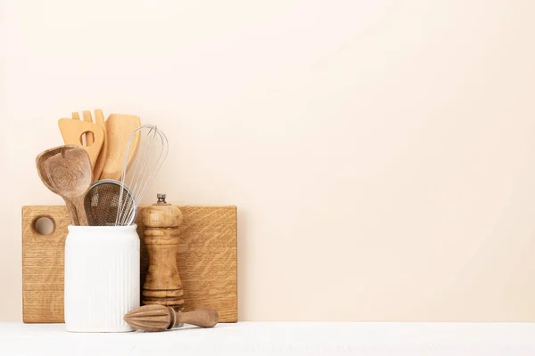 Kitchen Utensils Wooden Table Front View Copy Space — Fotografia de Stock