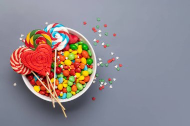 Candy sweets and copy space for your greetings. Valentines day candy hearts. Flat lay