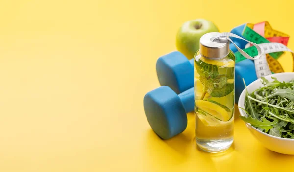 Healthy Lifestyle Sport Diet Concept Dumbbells Healthy Food Space Your — Stock Photo, Image