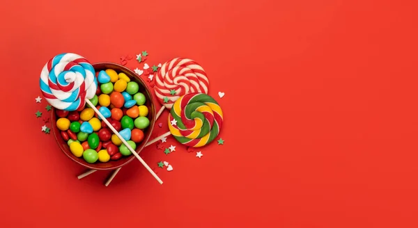 Various Candy Sweets Red Background Copy Space Your Text Flat — ストック写真