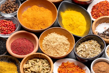 Various spices in bowls. Closeup