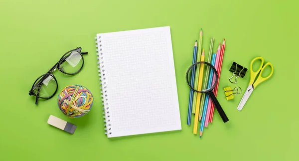 School Supplies Stationery Green Background Flat Lay Blank Space — Stock Photo, Image