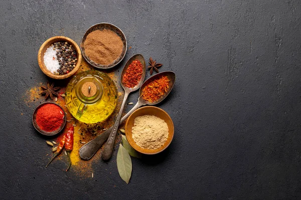 Various Spices Bowls Spoons Stone Table Copy Space Your Menu — Φωτογραφία Αρχείου