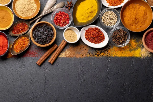 Various Spices Stone Table Frame Copy Space Your Menu Recipe — Fotografia de Stock