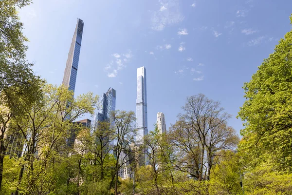 Central Park Tavaszi Fák Felhőkarcolók New York City — Stock Fotó