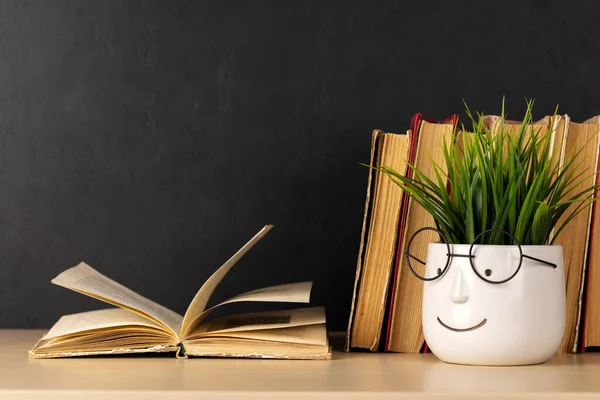 Old Books Table One Book Open Copy Space Your Text — Stock Photo, Image