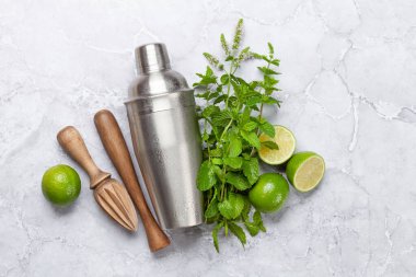 Mojito kokteyl malzemeleri ve içecekler. Taş masada düz yatıyordu.