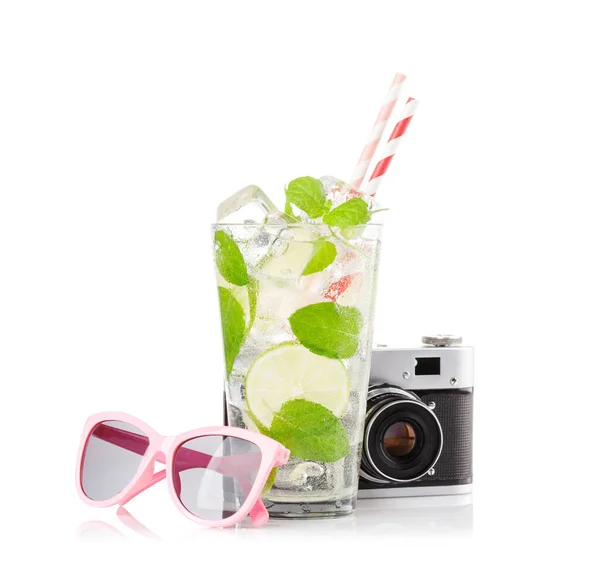 stock image Mojito cocktail, camera and sunglasses. Isolated on white background