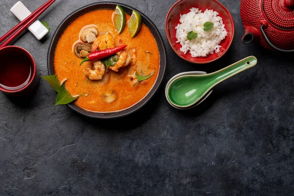 Thai Tom Yum Soup Seafood Bowl Rice Flat Lay Copy — Stock Photo, Image