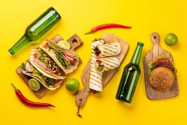 Mexican Food Featuring Tacos Burritos Burgers More Flat Lay Yellow — Stock Photo, Image