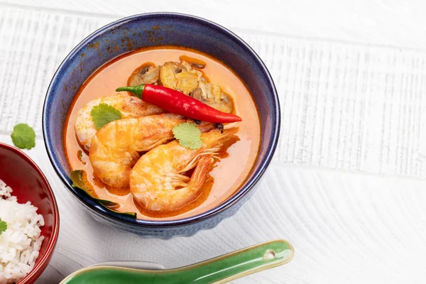 Thai Tom Yum Soup Seafood Bowl Rice Copy Space — Stock Photo, Image