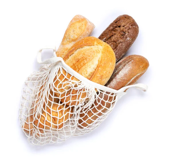 Fresh Baked Bread Mesh Bag Isolated White Background Flat Lay — Stock Photo, Image