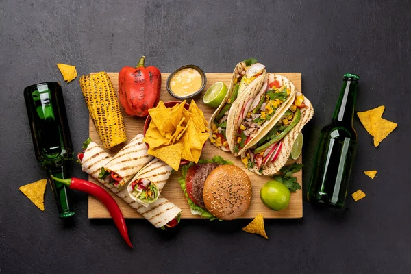 Mexican Food Featuring Tacos Burritos Nachos Burgers More Flat Lay — Stock Photo, Image