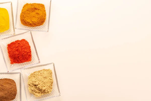 Various Dried Spices Small Bowls Copy Space — Fotografia de Stock