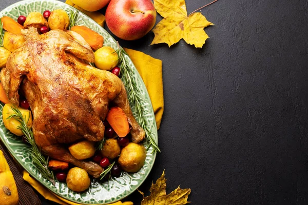 stock image Thanksgiving turkey on rustic table with copy space. Flat lay