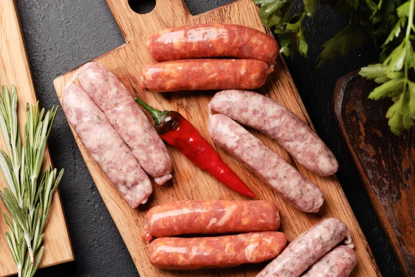 Various Raw Meat Sausages Spices Flat Lay — Stock Photo, Image