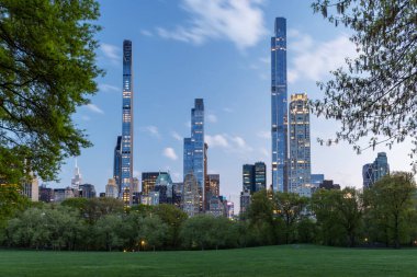 Manhattan gökdelenleri ve gün batımında Central Park çayırları