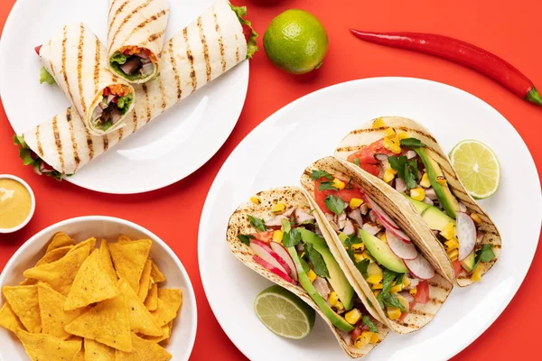 Mexican Food Featuring Tacos Burritos Nachos More — Stock Photo, Image