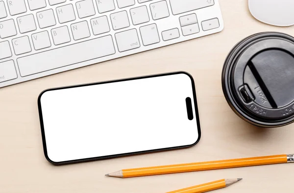 Blank Biały Ekran Smartfon Biurku Idealny Modelowania Projektu — Zdjęcie stockowe