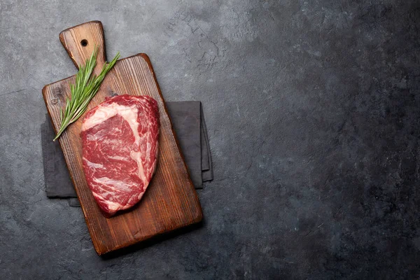 Raw Ribeye Steak Cutting Board Barbecue Cooking Flat Lay Copy — Stock Photo, Image