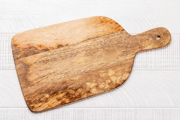 Wooden Cutting Board White Kitchen Table Flat Lay Copy Space — Stock Photo, Image