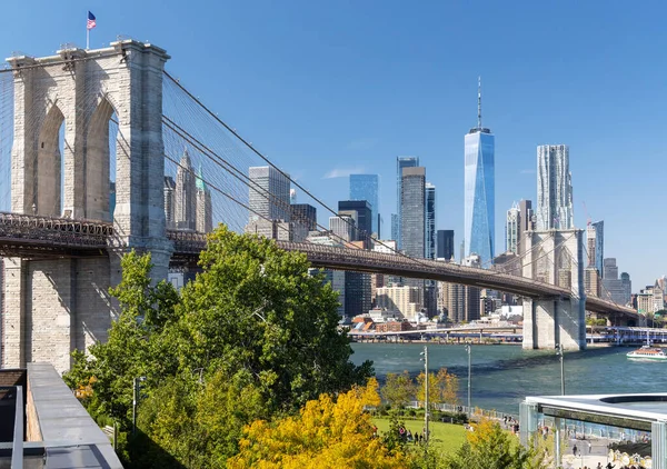 Бруклинский Мост Манхэттенские Небоскребы Нью Йорк — стоковое фото
