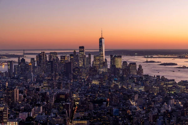 Skyline Van New York City Manhattan Zonsondergang Wolkenkrabbers Panorama — Stockfoto